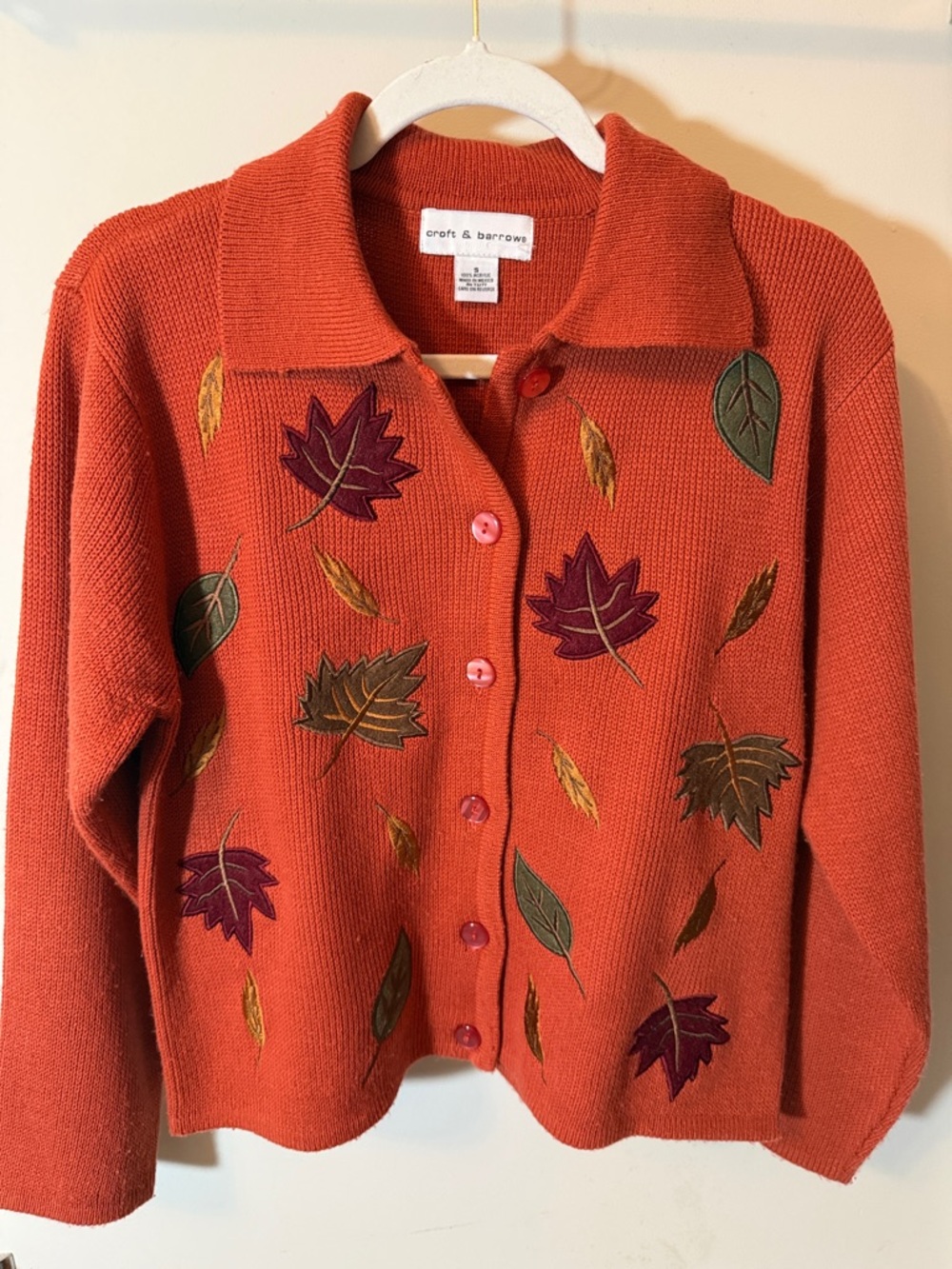 Vintage croft & barrow Rust Orange Embroidered Leaf Button-Up Cardigan
